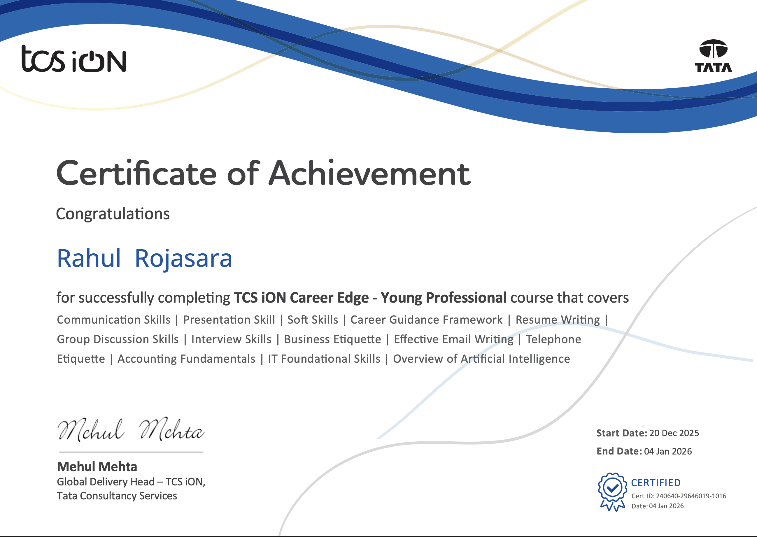 TCS iON Career Edge Certificate