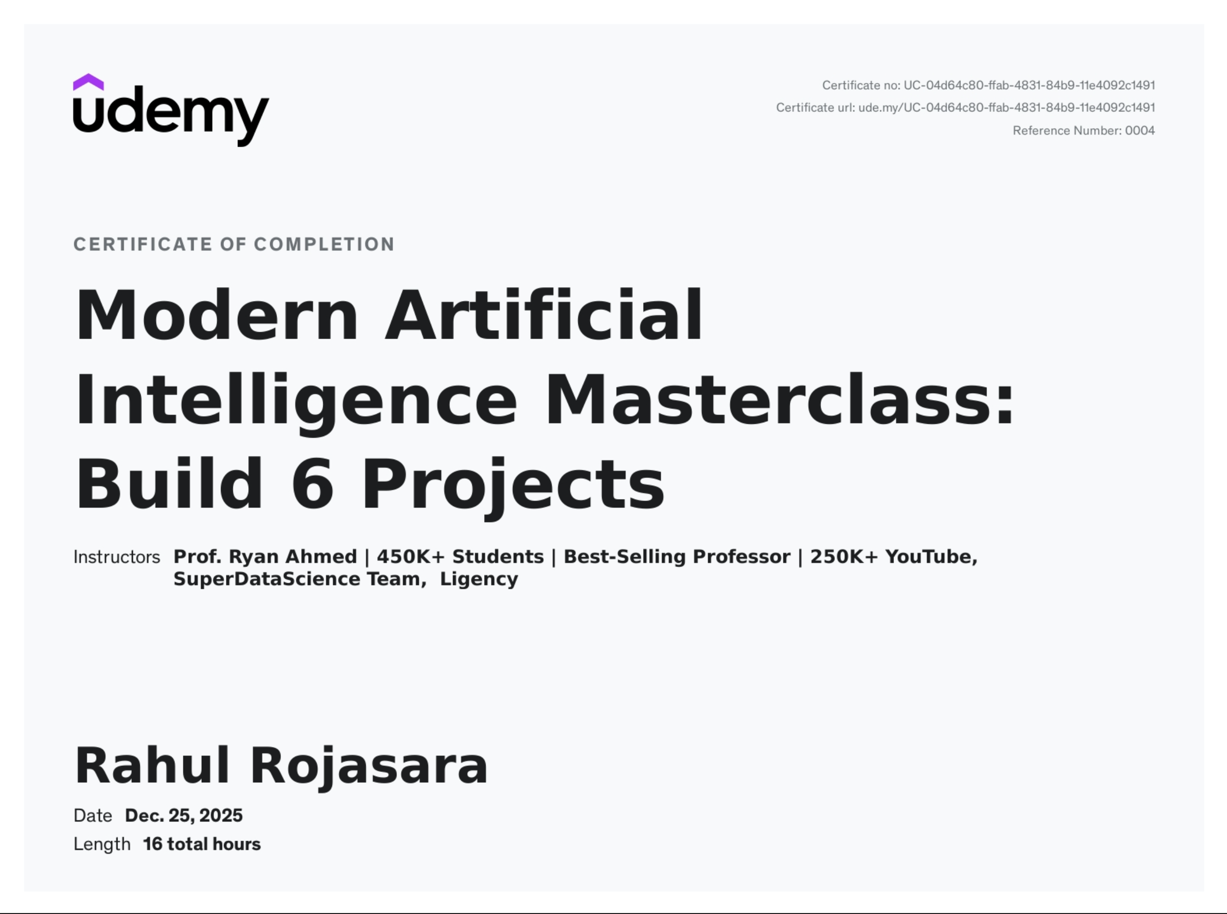 Udemy Artificial Intelligence Certificate